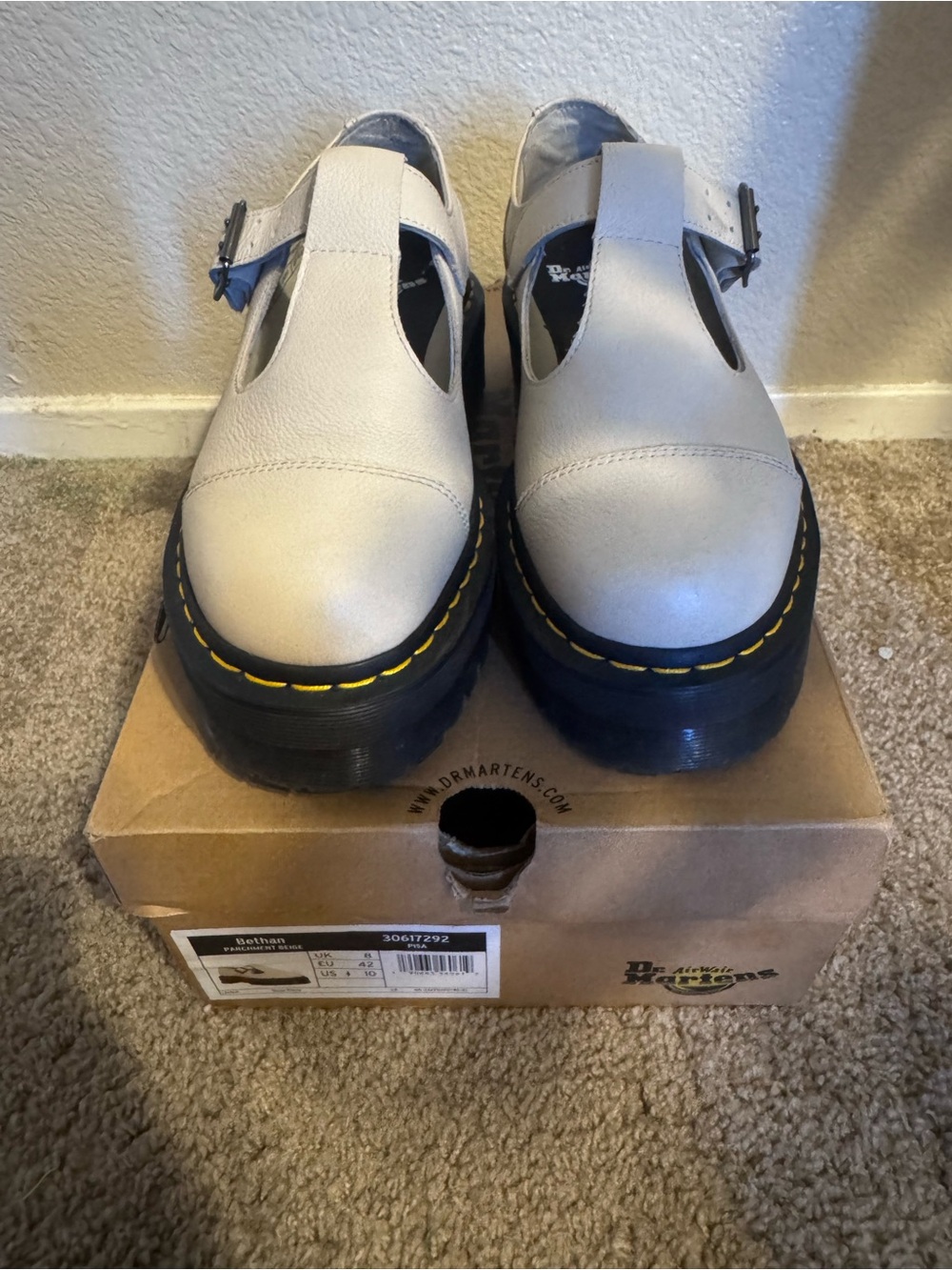 Dr. Martens beige Leather Mary Jane  platform T-Strap Shoes